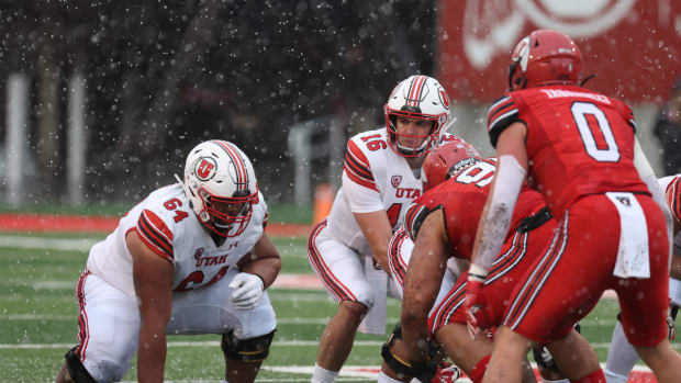 Utah Utes sophomore quarterback Bryson Barnes (16) prepares for a play in the second half at Rice Eccles Stadium.